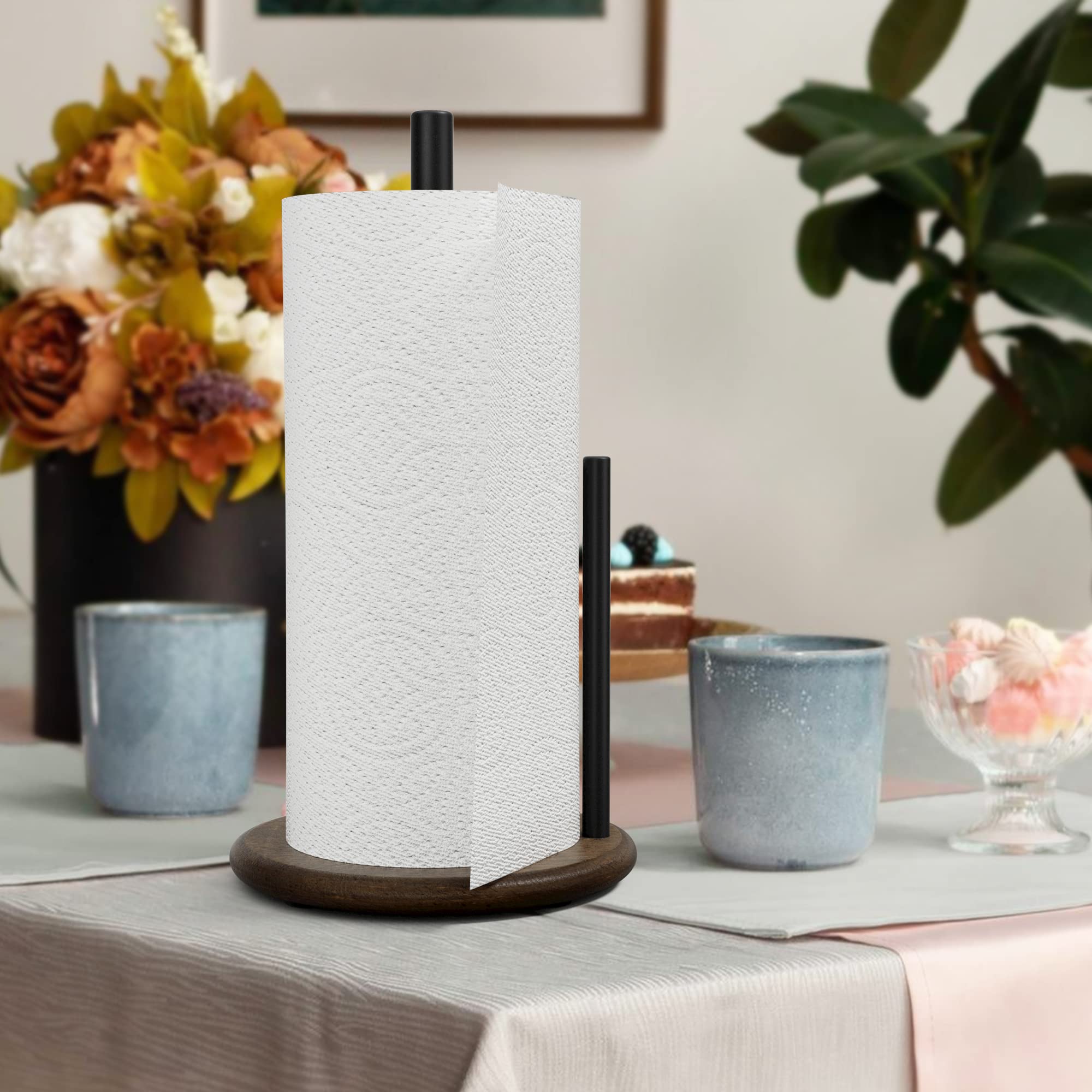 Paper Towel Holder Countertop with Real Wood Round Base  Farmhouse Paper Towel Holder Stand for Kitchen Roll Organize  Wooden Paper Towel Holder for Kitchen Dining Table Home Decor